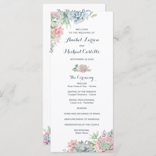 Pastel Watercolor Succulents Wedding Program Programm (Vorne/Hinten)