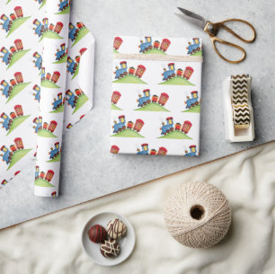 Pastel Watercolor Train Red Blue Birthday Party Geschenkpapier