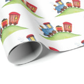 Pastel Watercolor Train Red Blue Birthday Party Geschenkpapier (Rolleneckpunkt)