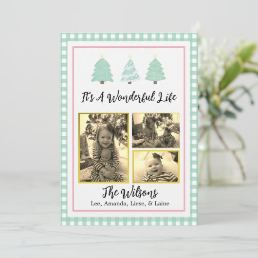 Pastel Watercolor Tremes Grüne Karierte Weihnachts Ankündigung (Stehend Vorderseite)