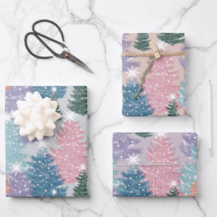Pastel Watercolor Weihnachtsbaumwald Schneeflocke Geschenkpapier Set