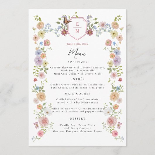 Pastel Watercolor Wildblume Wedding Menu Menükarte (Vorderseite)