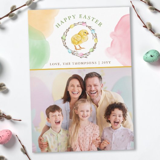 Pastel Watercolor Wreath And Chick Easter Photo Karte
