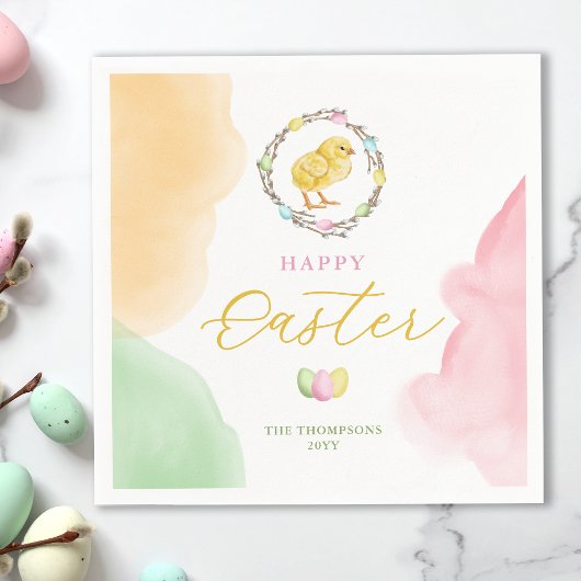 Pastel Watercolor Yellow Baby Chick Happy Easter Serviette