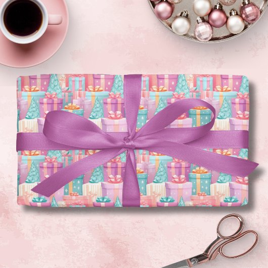 Pastel Weihnachtsgeschenke und Baumpapier Geschenkpapier