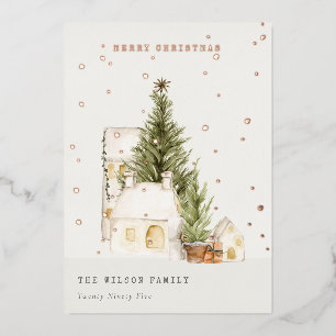 Pastel Weiße Schneehäuser Frohe Weihnachten Folien Feiertagskarte