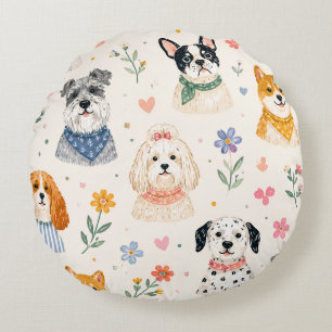 Pastel-Welpen-Nahtloses Muster   Handgemalter Hund Rundes Kissen