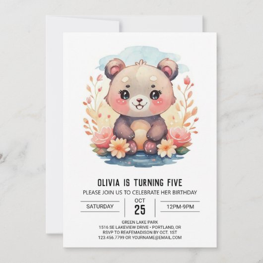 Pastel Whimsical Bear Girl Einladung (Vorderseite)