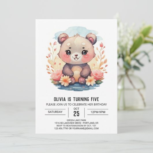 Pastel Whimsical Bear Girl Einladung (Stehend Vorderseite)