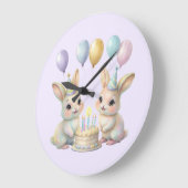 Pastel Whimsical Bunny Twins Birthday wall clock  Große Wanduhr (Winkel)