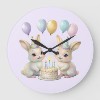 Pastel Whimsical Bunny Twins Birthday wall clock  Große Wanduhr