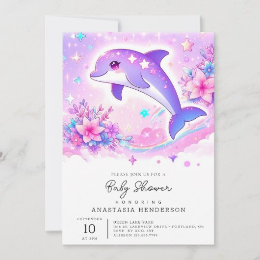 Pastel Whimsical Dolphin Baby Dusche Einladung (Vorderseite)