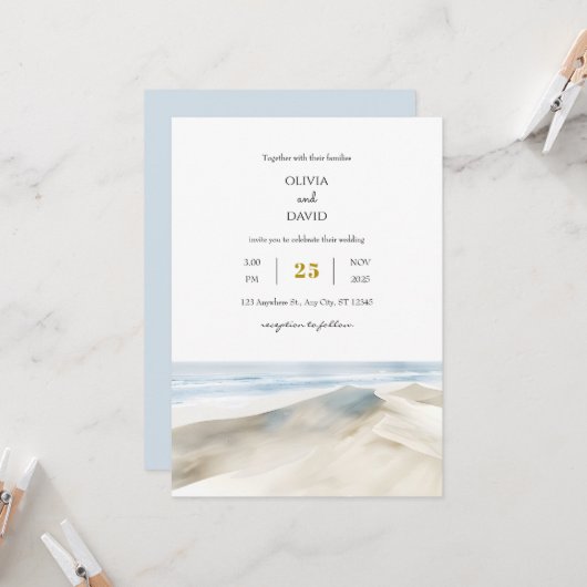 Pastel White Sandy Dunes Shoreline Beach Wedding Einladung (Vorderseite/Rückseite Beispiel)