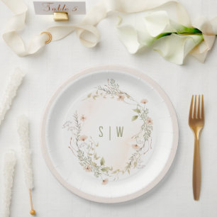 Pastel Wildblume Floral Monogram Wreath Wedding Pappteller