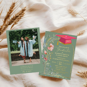 Pastel Wildblume Garden Twin Graduation Party Folieneinladung