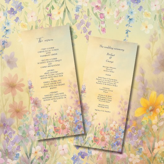 Pastel Wildblume Meadow Barn Wedding Menü Programm