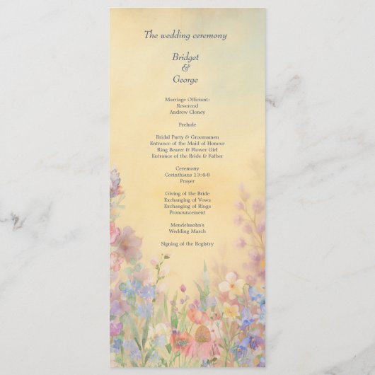 Pastel Wildblume Meadow Barn Wedding Menü Programm (Rückseite)