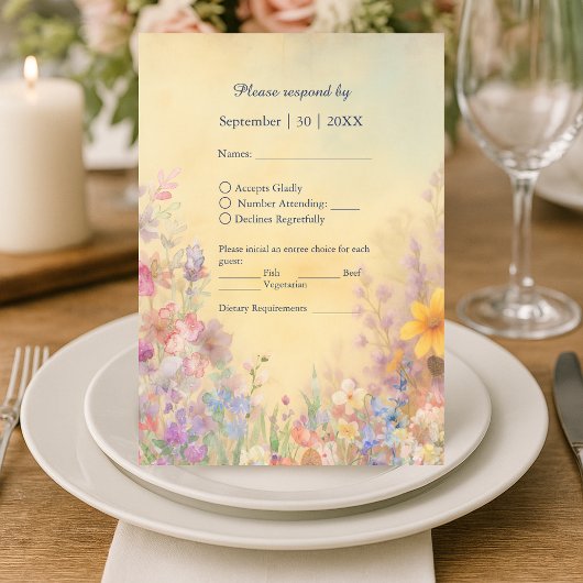 Pastel Wildblume Meadow Barn Wedding RSVP Karte