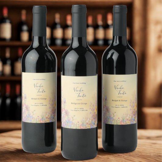 Pastel Wildblume Meadow Barn Wedding Weinetikett