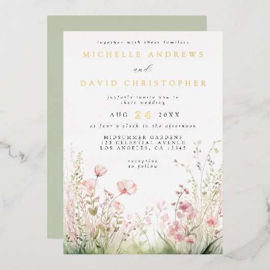 Pastel Wildblume Wedding Foil Einladung (Vorderseite/Rückseite)
