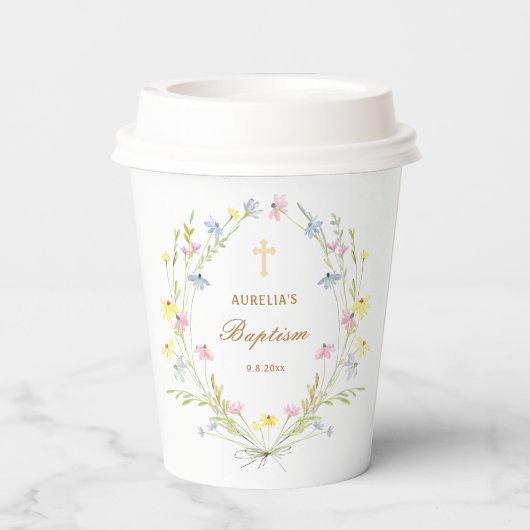 Pastel Wildblumen Taufe Pappbecher (Rückseite)
