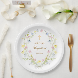 Pastel Wildblumen Taufe Pappteller