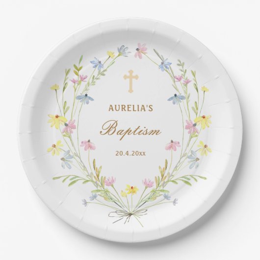 Pastel Wildblumen Taufe Pappteller (Vorderseite)