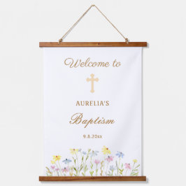 Pastel Wildblumen Taufe Willkommen Wandteppich Mit Holzrahmen