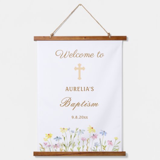 Pastel Wildblumen Taufe Willkommen Wandteppich Mit Holzrahmen (Vorderseite)