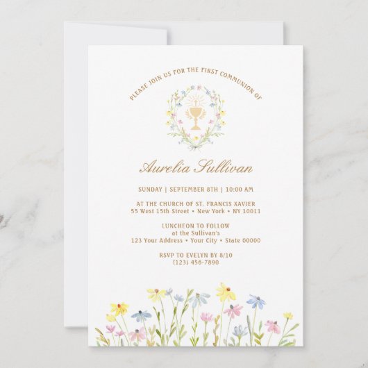 Pastel Wildblumen Wreath Erste Kommune Einladung (Vorderseite)