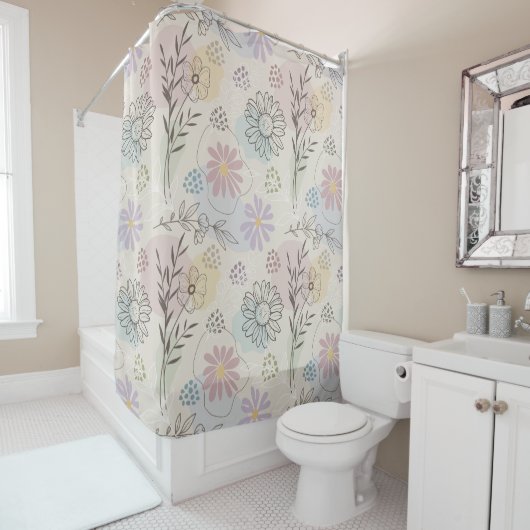 Pastel Wildflower Collage – Chic Floral Geometric Duschvorhang (Beispiel)