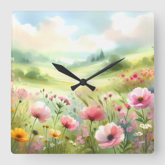 Pastel Wildflower Meadow Landscape Quadratische Wanduhr (Vorderseite)