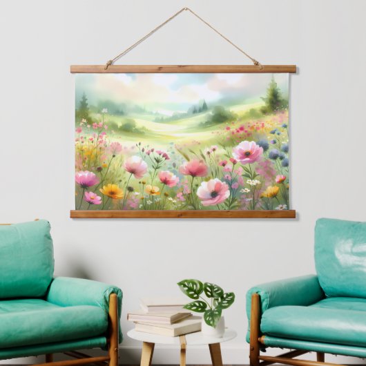 Pastel Wildflower Meadow Landscape Wandteppich Mit Holzrahmen (Wohnzimmer)