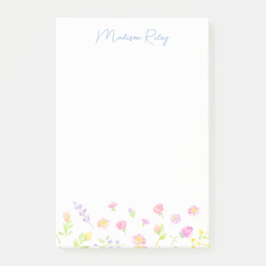 Pastel Wildflower Personalized Blue Notes Post-it Klebezettel (Vorderseite)