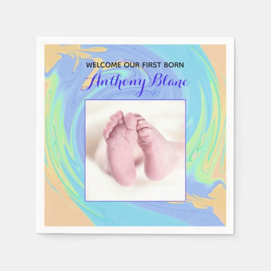 Pastel Willkommen zuerst Geboren mit Foto Serviette (Vorderseite)