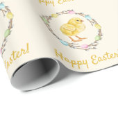 Pastel Willow Wreath And Baby Chick Happy Easter Geschenkpapier (Rolleneckpunkt)
