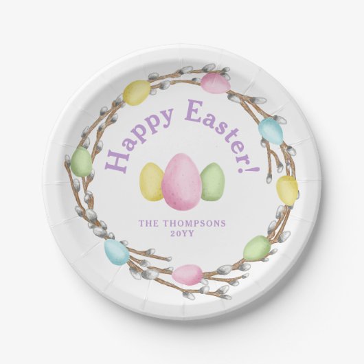 Pastel Willow Wreath Colorful Happy Easter Pappteller (Vorderseite)
