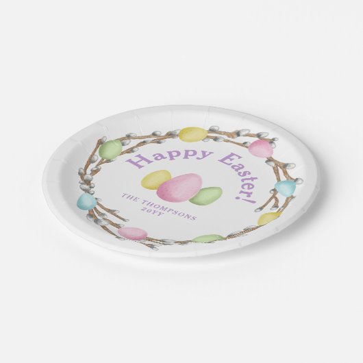 Pastel Willow Wreath Colorful Happy Easter Pappteller (Schrägansicht)
