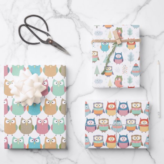 Pastel Winter Owls Umhüllungspapierblätter Geschenkpapier Set (Vorderseite)