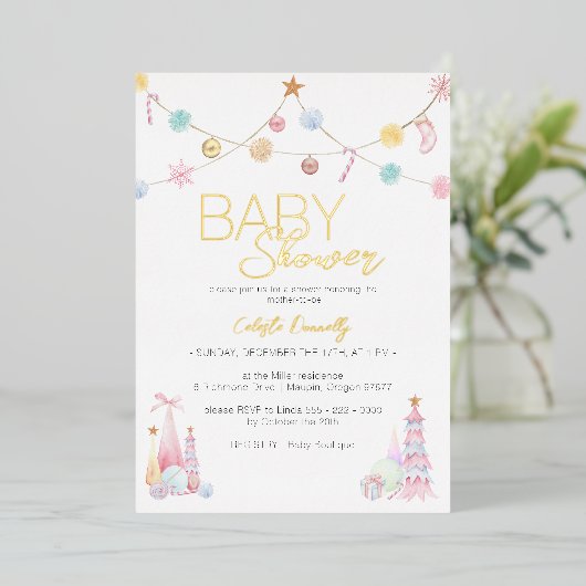 Pastel Winter Wonderland Babydusche Folieneinladung (Stehend vorne)