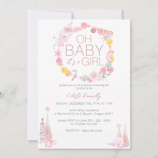 Pastel Winter Wonderland Oh Baby Girl Shower Einladung (Vorderseite)