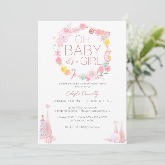 Pastel Winter Wonderland Oh Baby Girl Shower Einladung (Stehend Vorderseite)
