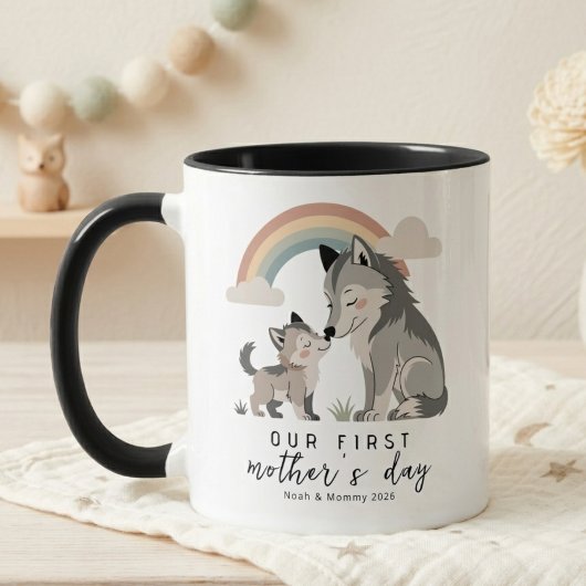 Pastel Wolf Mom and Pup First Mother’s Day Rainbow Tasse