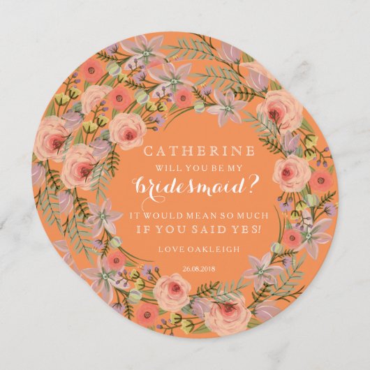 Pastel Wreath wird meine Bridesmaid sein | Orange Einladung (Vorne/Hinten)