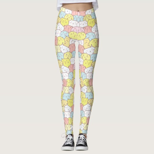 PASTEL YELLOW BLUE PINK NIEDLICHE ILLUSTRIERTE KAT LEGGINGS (Vorderseite)