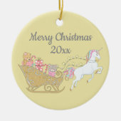 Pastel Yellow Christmas Unicorn Sleigh Keramik Ornament (Vorne)