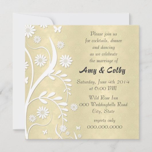 Pastel Yellow Floral Damask Hochzeitlicher Empfang Einladung (Vorderseite)