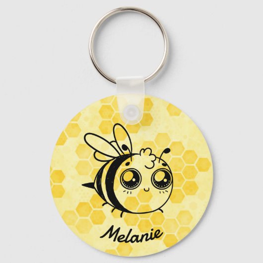 Pastel Yellow Honeycomb and Cute Bee Personalised Schlüsselanhänger (Vorderseite)