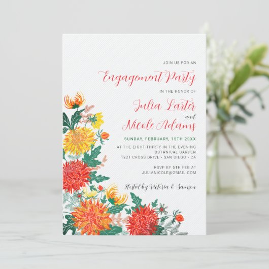 Pastel Yellow Spring Dahlia Engagement Party Einladung (Stehend Vorderseite)