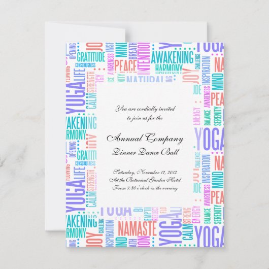 Pastel Yoga Word Cloud Elegantes Muster Einladung (Vorderseite)
